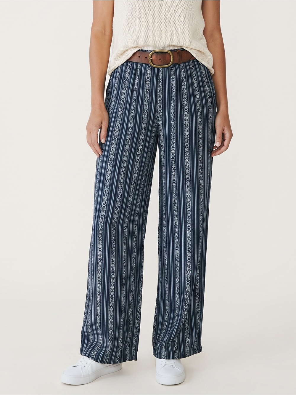 Liz Baker Navy Stripe Pattern Wide-Leg Pants - Picture 1 of 6